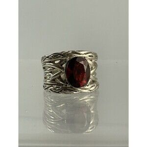 Garnet Wide Silver Ring SZ 4.5